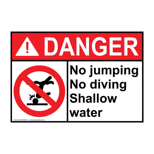 ANSI DANGER No jumping No diving Shallow water Sign with Symbol ADE-50051
