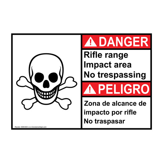English + Spanish ANSI DANGER Rifle Range Impact Area No Trespassing Sign With Symbol ADB-8432