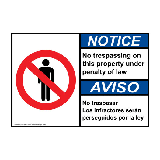 English + Spanish ANSI NOTICE No Trespassing On This Property Sign With Symbol ANB-4920