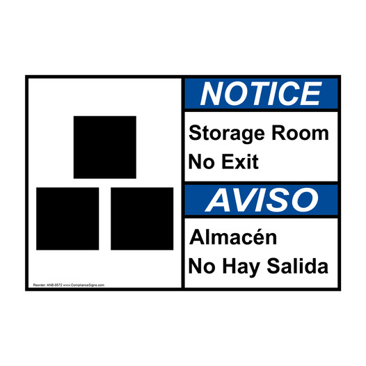 English + Spanish ANSI NOTICE Storage Room No Exit Sign With Symbol ANB-9572