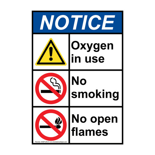 Portrait ANSI NOTICE Oxygen in use No Smoking No open flames Sign with Symbol ANEP-28121