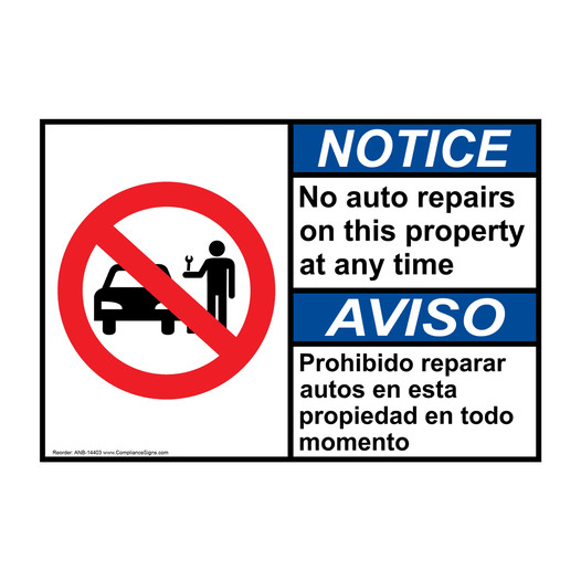 English + Spanish ANSI NOTICE No Auto Repairs On This Property Sign With Symbol ANB-14403
