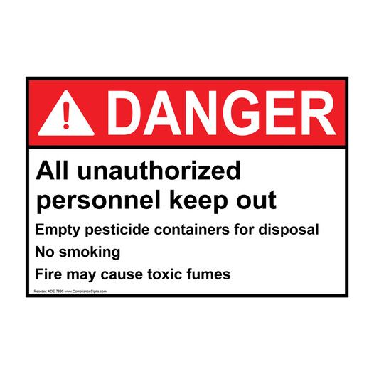 ANSI DANGER All unauthorized personnel keep out Empty pesticide containers Sign ADE-7895