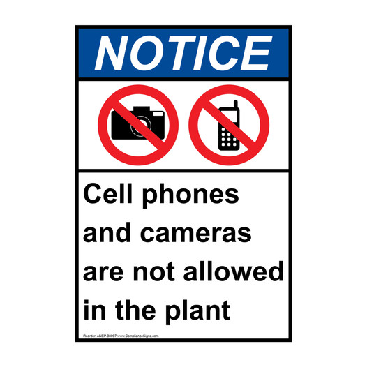 Portrait ANSI NOTICE Cell phones and cameras Sign with Symbol ANEP-38097