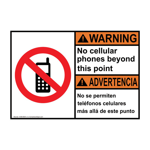 English + Spanish ANSI WARNING No Cellular Phones Sign With Symbol AWB-9549