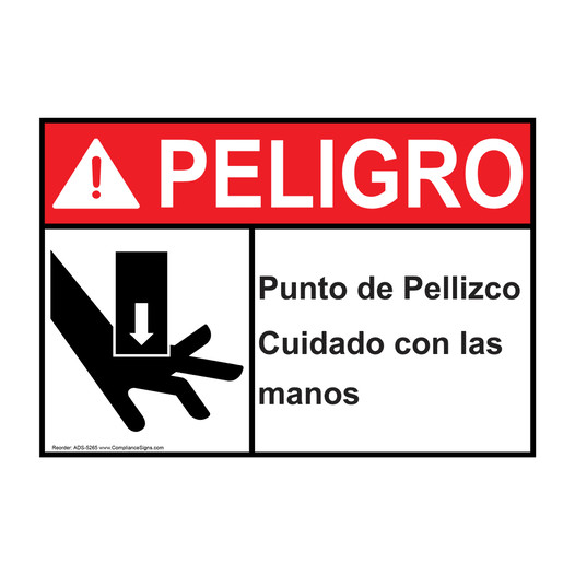 Spanish ANSI DANGER Pinch Point Watch Your Hands Sign With Symbol ADS-5265
