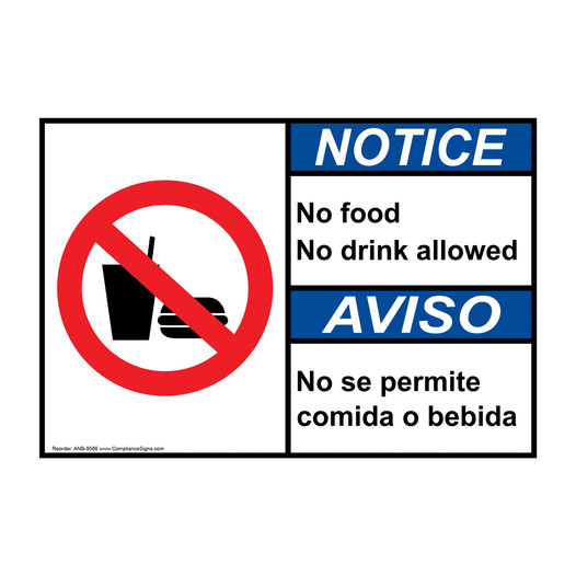 English + Spanish ANSI NOTICE No Food No Drink Allowed Sign With Symbol ANB-9586