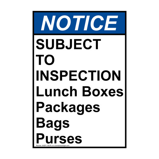 Portrait ANSI NOTICE SUBJECT TO INSPECTION Boxes Bags Purses Sign ANEP-1185-R