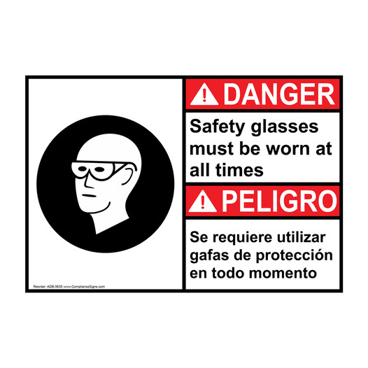 English + Spanish ANSI DANGER Safety Glasses Must Be Worn Sign With Symbol ADB-5635