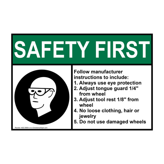 ANSI SAFETY FIRST Follow manufacturer instructions Sign with Symbol ASE-35854