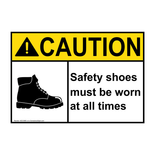 ANSI CAUTION Safety Shoes Must Be Worn At All Times Sign with Symbol ACE-5695