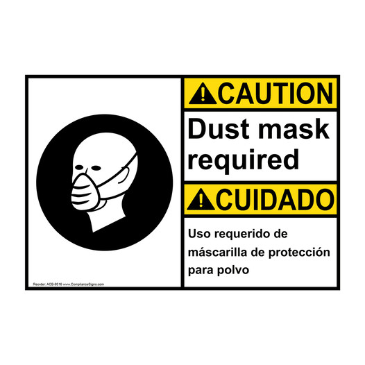 English + Spanish ANSI CAUTION Dust Mask Required Sign With Symbol ACB-9516