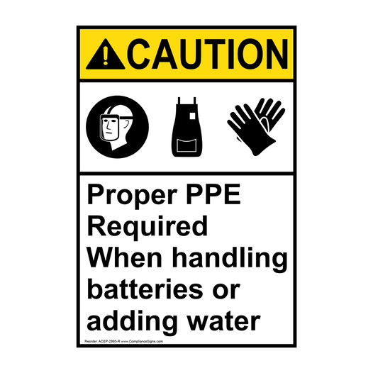 Portrait ANSI CAUTION PPE Required When handling batteries Sign with Symbol