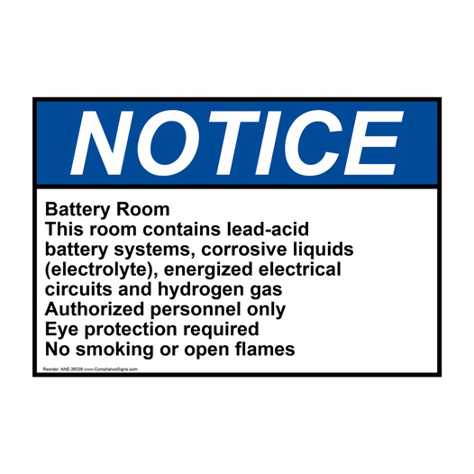 ANSI NOTICE Battery Room This room contains lead-acid Sign ANE-36038