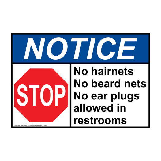 ANSI NOTICE No hairnets No beard nets No Sign with Symbol ANE-36477