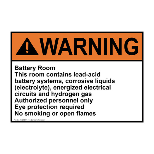 ANSI WARNING Battery Room This room contains lead-acid Sign AWE-36038