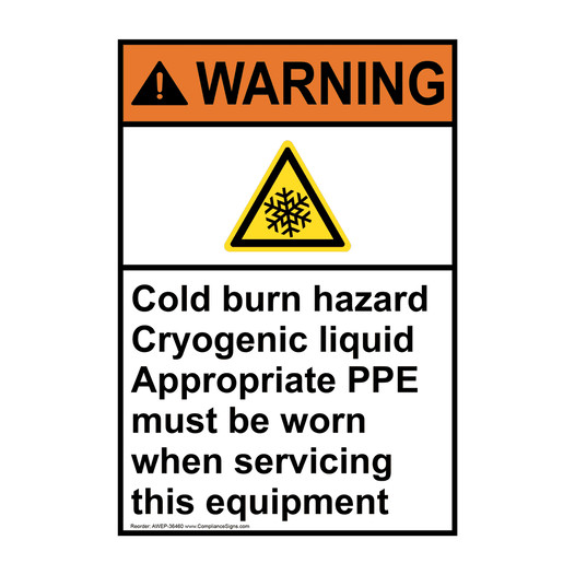 Portrait ANSI WARNING Cold burn hazard Cryogenic Sign with Symbol AWEP-36460