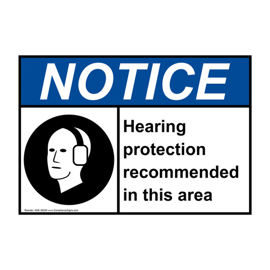 ANSI NOTICE Hearing protection recommended Sign with Symbol ANE-36254