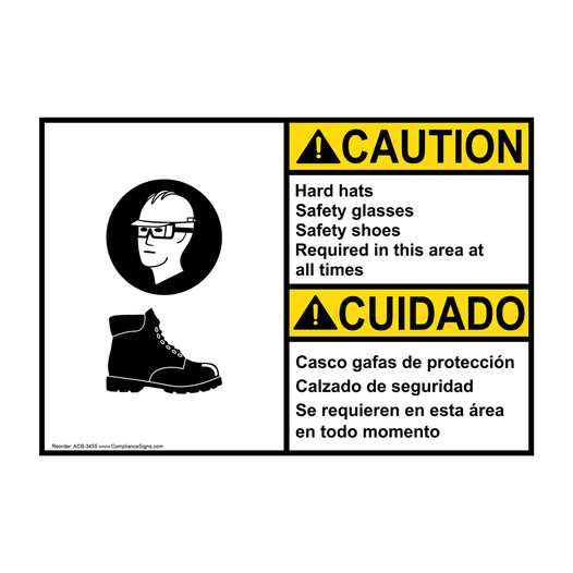 ANSI Hard Hats Safety Glasses Shoes Bilingual Sign