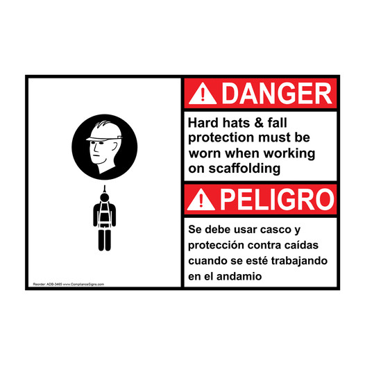 English + Spanish ANSI DANGER Hard hats & fall protection must be worn Sign With Symbol ADB-3465
