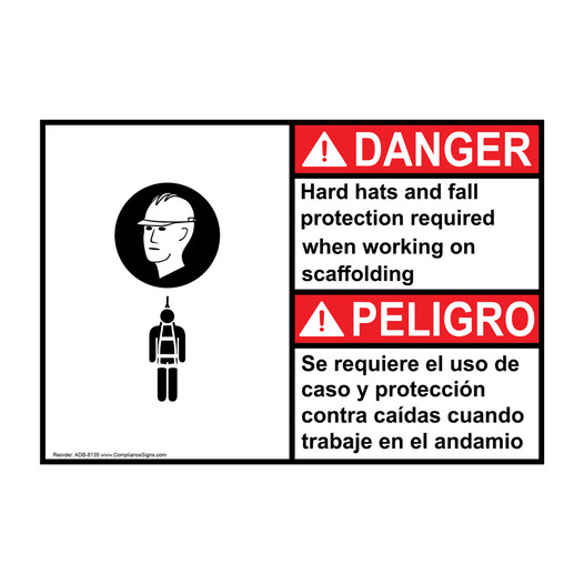 English + Spanish ANSI DANGER Hard hats and fall protection required Sign With Symbol ADB-8135