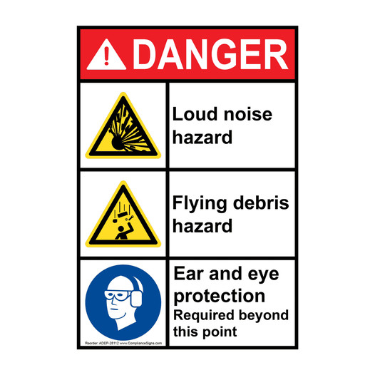Portrait ANSI DANGER Loud noise hazard Flying Debris hazard Sign with Symbol ADEP-28112