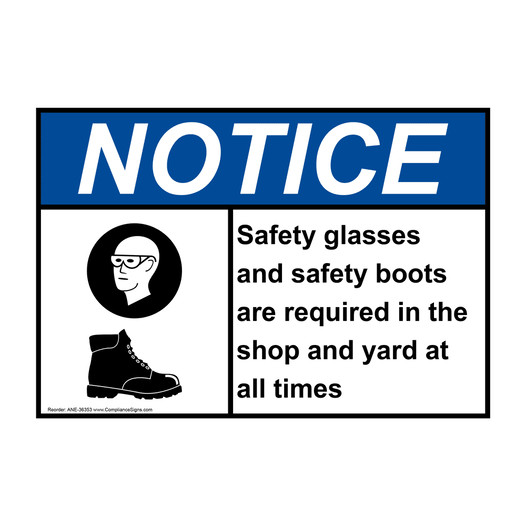 ANSI NOTICE Safety glasses and safety boots Sign with Symbol ANE-36353