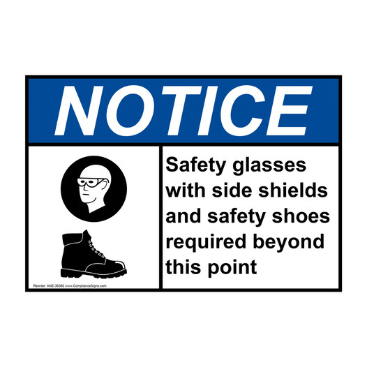 ANSI NOTICE Safety glasses with side shields Sign with Symbol ANE-36360