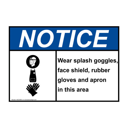 ANSI NOTICE Wear Splash Goggles Shield Gloves Apron Sign with Symbol ANE-6590