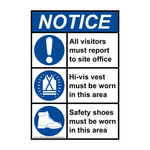 Portrait ANSI NOTICE visitors to office wear ppe Sign with Symbol ANEP-28076