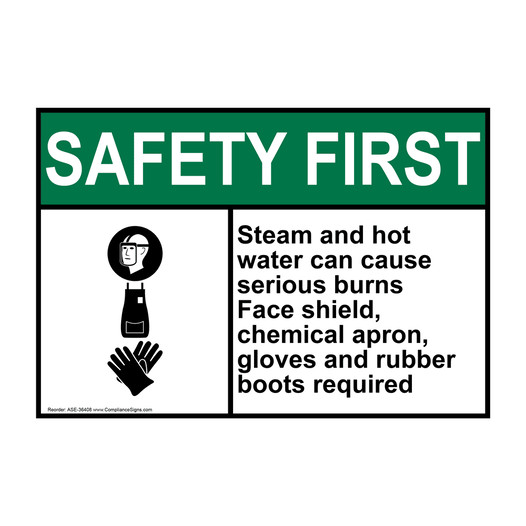 ANSI SAFETY FIRST Steam and hot water can cause Sign with Symbol ASE-36408