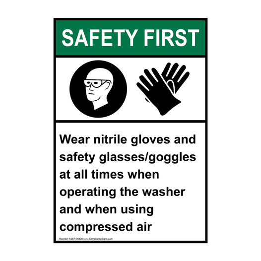 Portrait ANSI SAFETY FIRST Wear nitrile gloves Sign with Symbol ASEP-36420