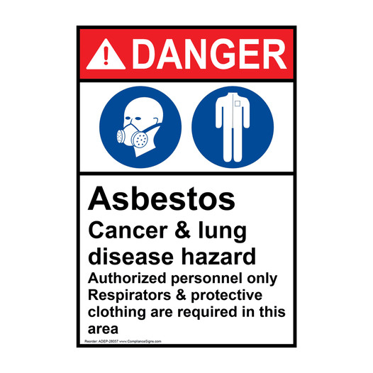 Portrait ANSI DANGER Asbestos Cancer Sign with Symbol ADEP-28057