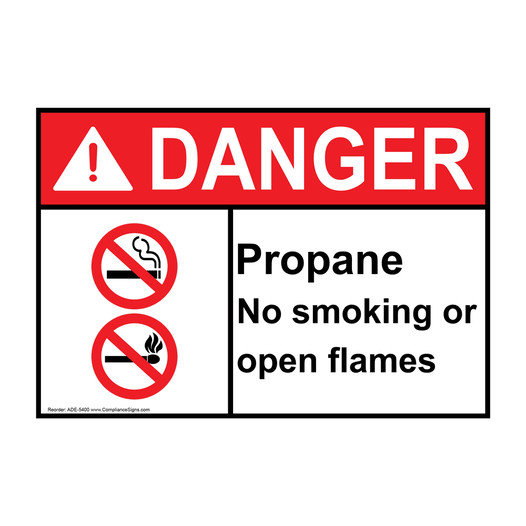 ANSI DANGER Propane No Smoking Or Open Flames Sign with Symbol ADE-5400