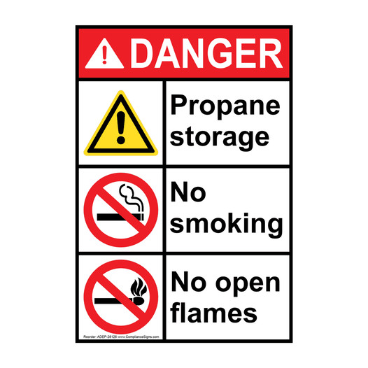 Portrait ANSI DANGER Propane storage No Smoking No flames Sign with Symbol ADEP-28126