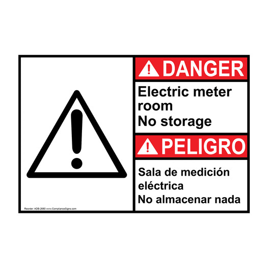 English + Spanish ANSI DANGER Electric Meter Room No Storage Sign With Symbol ADB-2680