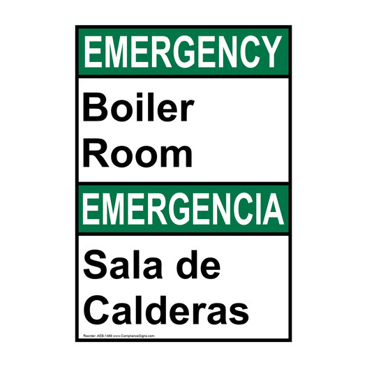 English + Spanish ANSI EMERGENCY Boiler Room Sign AEB-1486
