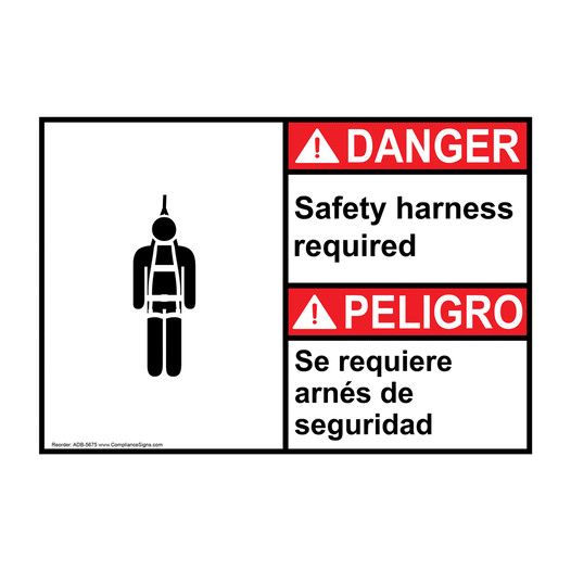 English + Spanish ANSI DANGER Safety Harness Required Symbol Sign With Symbol ADB-5675