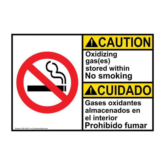 English + Spanish ANSI CAUTION Oxidizing Gas Stored No Smoking Sign With Symbol ACB-16407