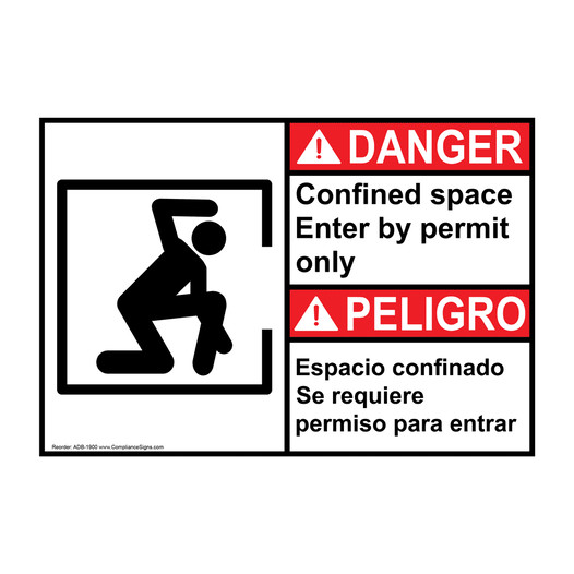English + Spanish ANSI DANGER Confined Space Permit Only Sign With Symbol ADB-1900