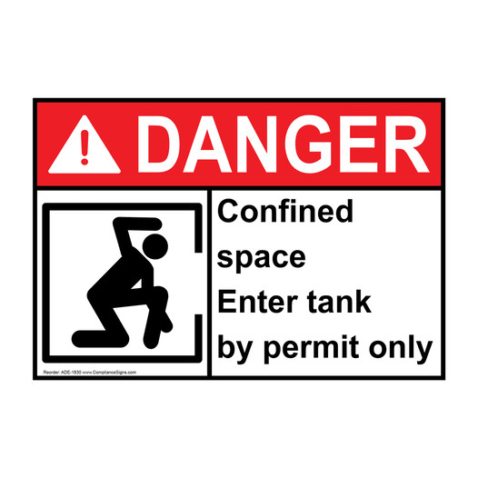 ANSI DANGER Confined Space Enter Tank By Permit Only Sign with Symbol ADE-1830