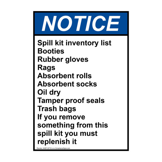 Portrait ANSI NOTICE Spill kit inventory list Booties Sign ANEP-32719