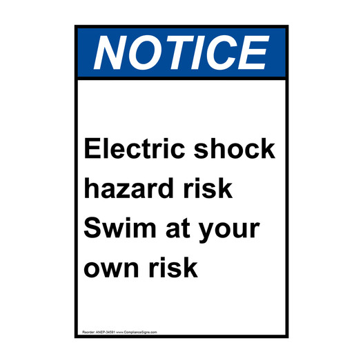 Vertical Electric Shock Hazard Risk Swim Sign ANSI Notice Shock Hazard