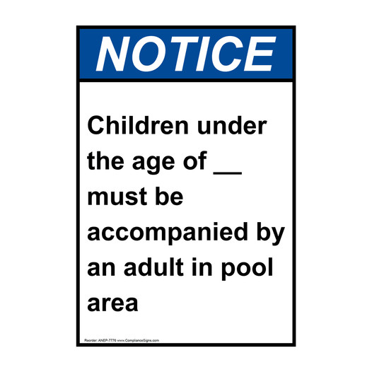 Portrait ANSI NOTICE Children accompanied by an adult in pool Sign