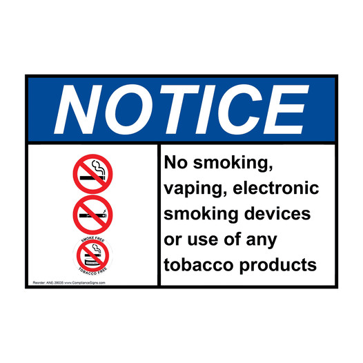 ANSI NOTICE No smoking, vaping, electronic Sign with Symbol ANE-39035