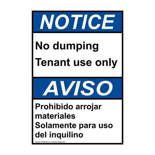 English + Spanish ANSI NOTICE No Dumping Tenant Use Only Sign ANB-8309