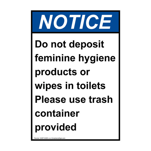 Vertical Feminine Hygiene Disposal Sign or Label ANSI NOTICE