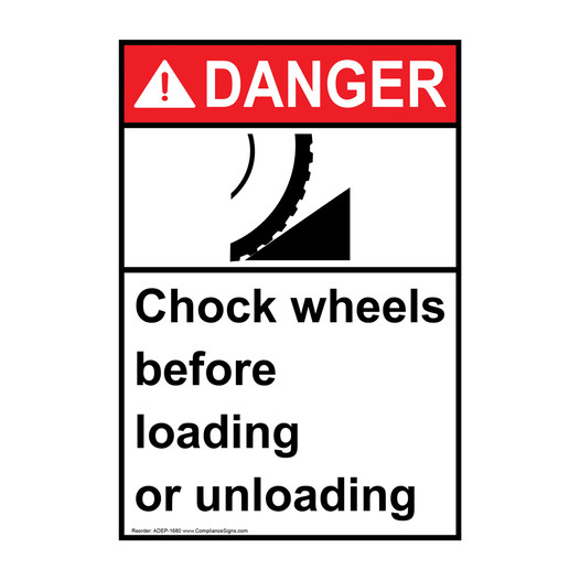 Portrait ANSI DANGER Chock Wheels Before Loading Or Unloading Sign with Symbol ADEP-1680