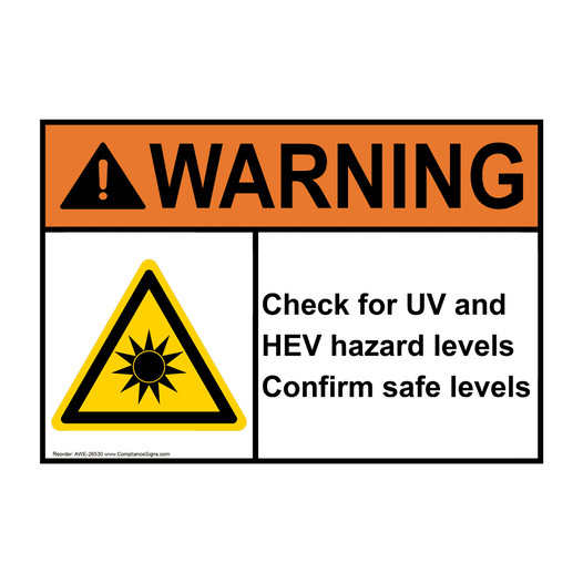ANSI WARNING Check for UV and HEV Hazard Sign with Symbol AWE-26530