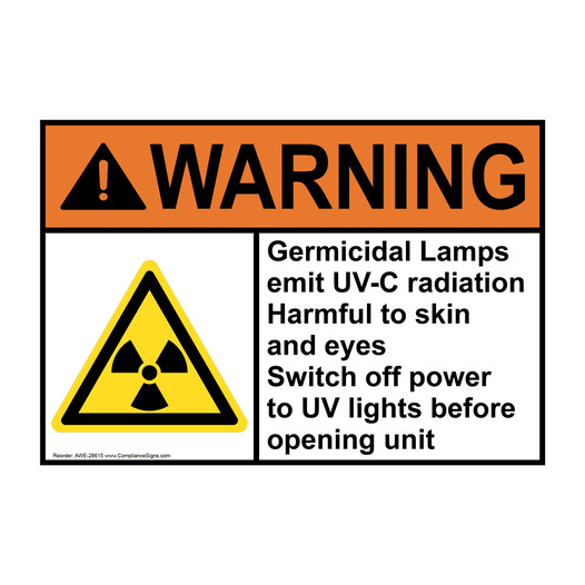 ANSI WARNING Germicidal Lamps emit UV-C radiation Sign with Symbol AWE-28615